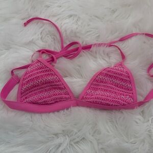Tie-Back Pink Cross Back Crochet Triangle Bikini Top